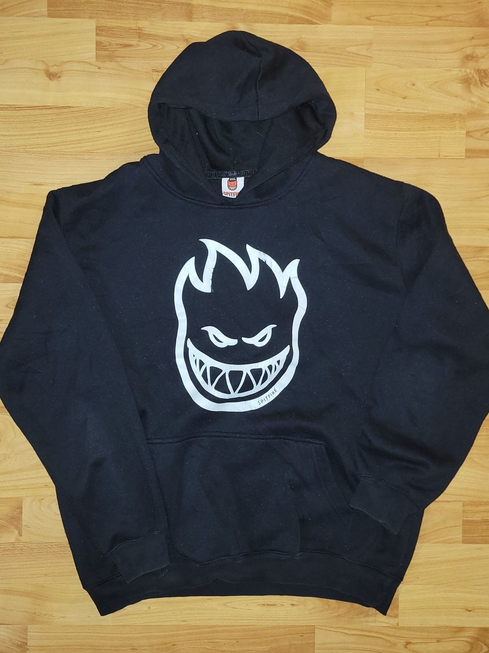 Spitfire Y2K Skater Black Graphic Hoodie Sweatshirt with Skull Flame Logo, Large